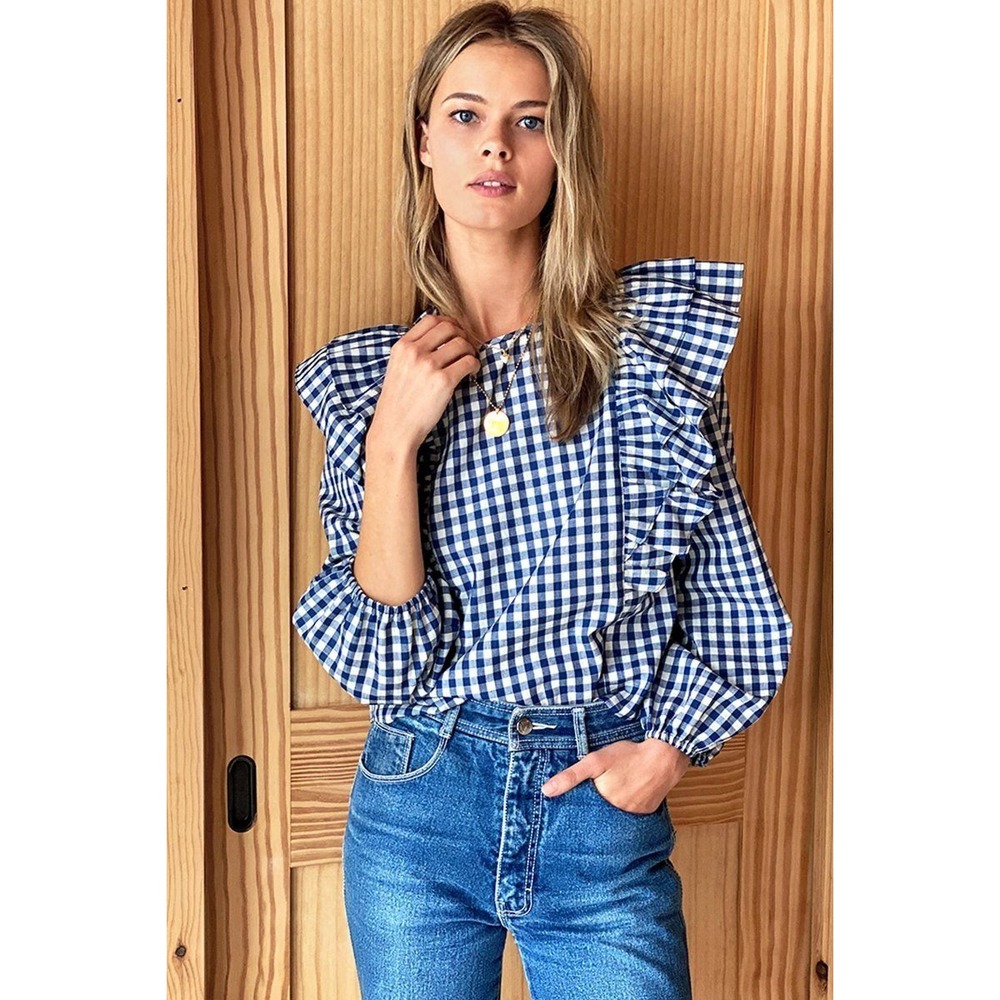Emerson Fry Indigo Filipa Gingham Ruffle Blouse Blue White Size M